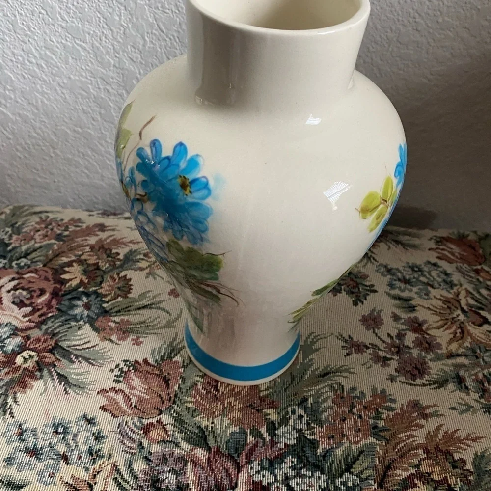 Vintage Hand Painted Floral Blossoms Ceramic Vase with Blue Accents 9.5”H